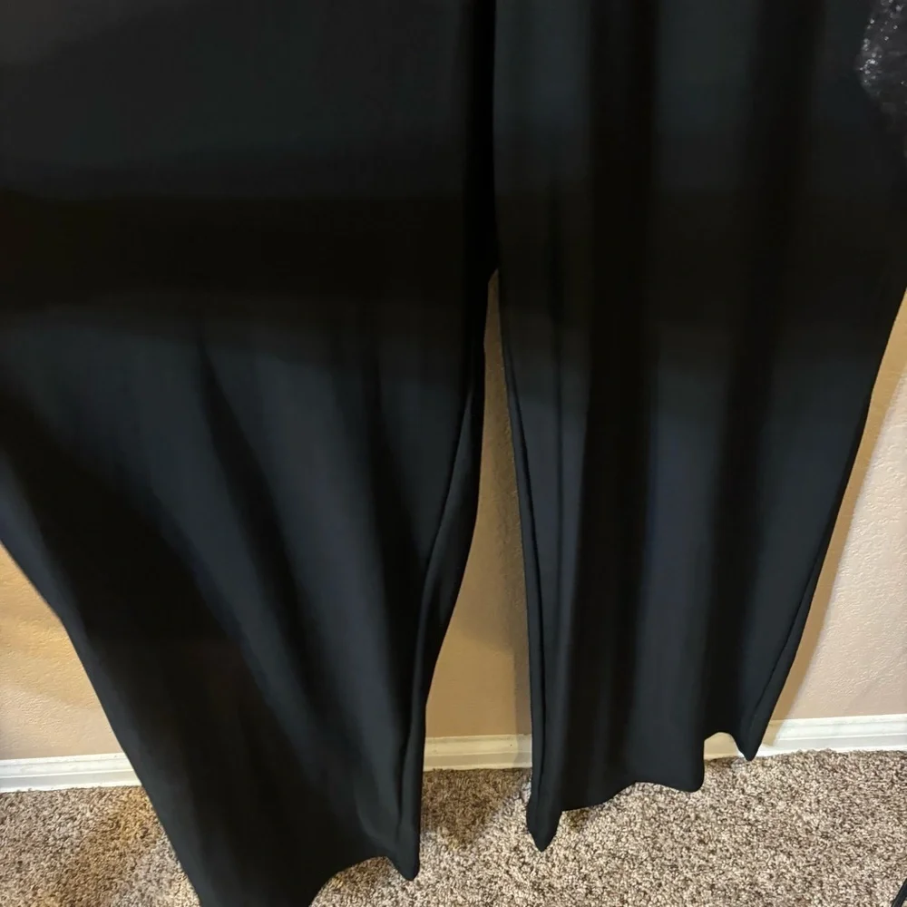 NWT Nina Leonard Jumpsuit Medium Metallic Silver Reptile Print Black Pants Flowy - Picture 4 of 15